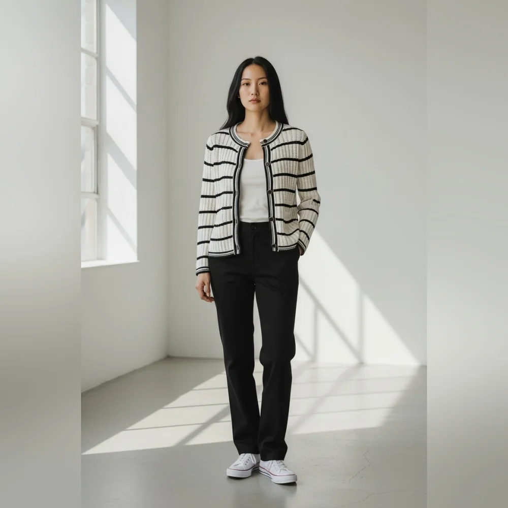 Free Assembly Black & White Striped Knit Long Sleeve Cardigan Sweater Size XS